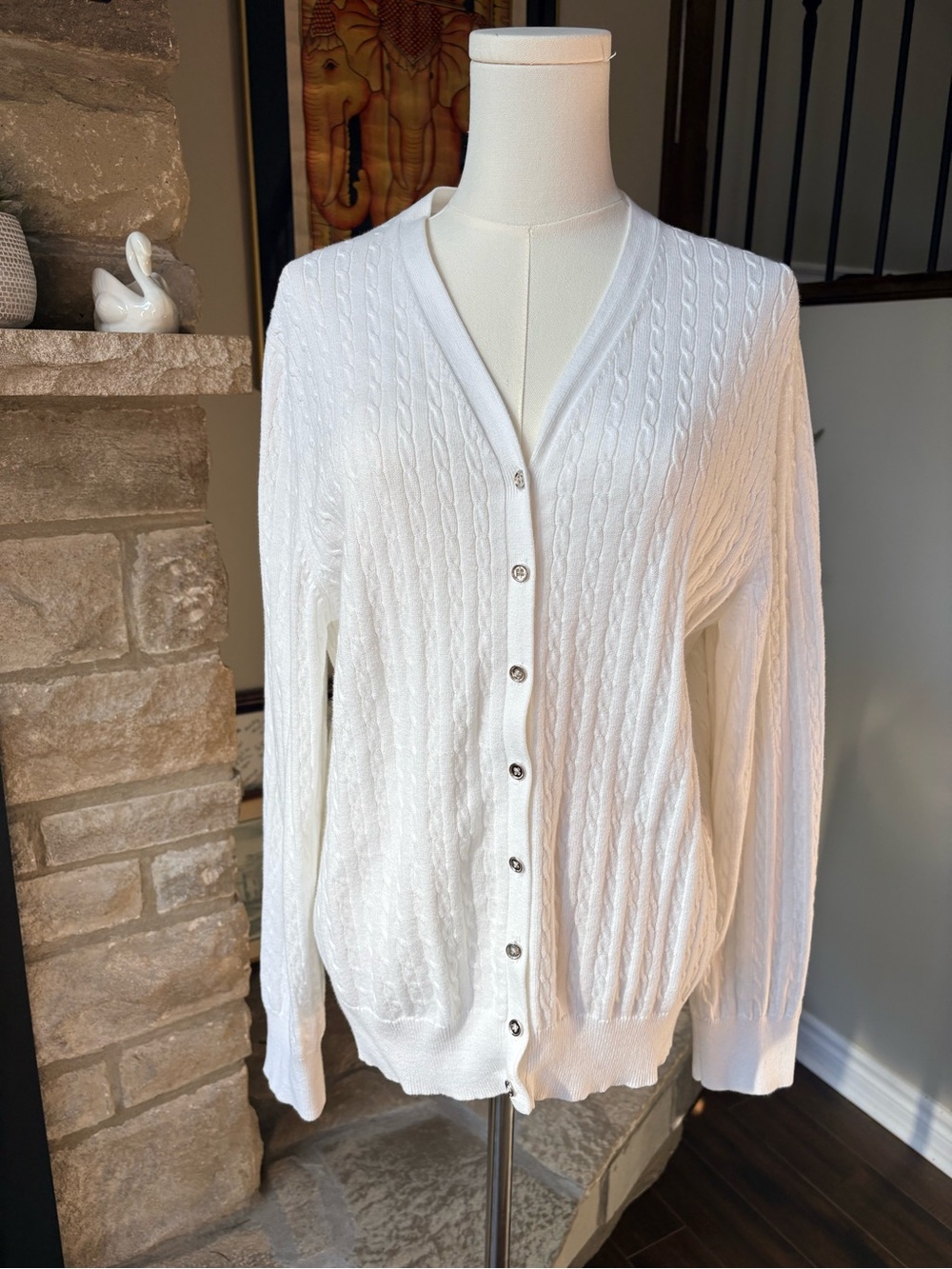 Tradition Country Collection White Cable Knit Cotton Cardigan L